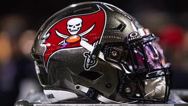 Oct 13, 2024; New Orleans, Louisiana, USA;  Detailed view of the Tampa Bay Buccaneers helmet against the New Orleans Saints during the first half at Caesars Superdome. Mandatory Credit: Stephen Lew-Imagn Images