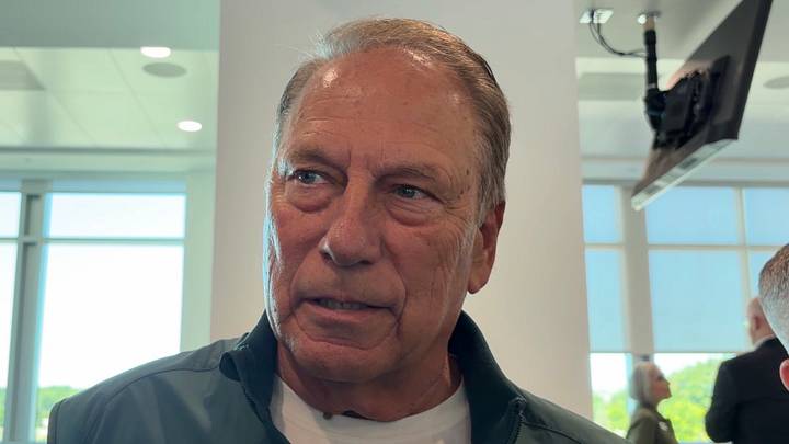 Michigan State's Tom Izzo discusses the departure of J Batt during a scrum at Spartan Stadium on June 15, 2026.