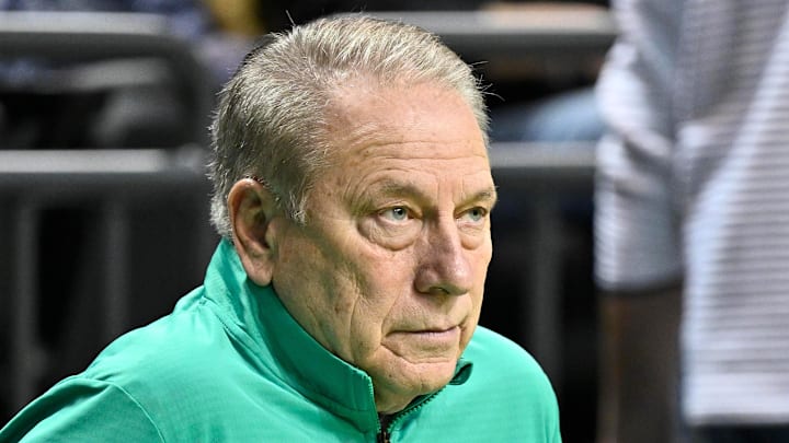 Jan 20, 2026; Eugene, Oregon, USA; Michigan State Spartans head coach Tom Izzo watches warmups before the game against the Oregon Ducks at Matthew Knight Arena. Mandatory Credit: Craig Strobeck-Imagn Images