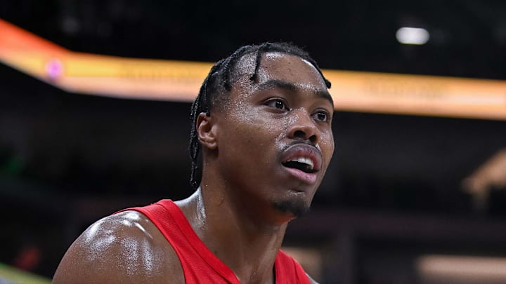 Toronto Raptors forward/guard Scottie Barnes reacts to a call during the fourth quarter. Toronto Raptors forward/guard Scottie Barnes reacts to a call during the fourth quarter.