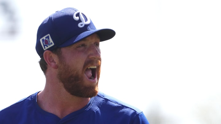 Los Angeles Dodgers pitcher Matt Sauer (64) reacts during the first inning against the San Francisco Giants at Camelback Ranch-Glendale on March 1.