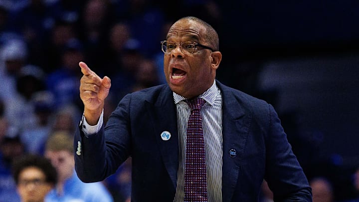 Dec 2, 2025; Lexington, Kentucky, USA; North Carolina Tar Heels head coach Hubert Davis calls out a play during the first half against the Kentucky Wildcats at Rupp Arena at Central Bank Center. Mandatory Credit: Jordan Prather-Imagn Images