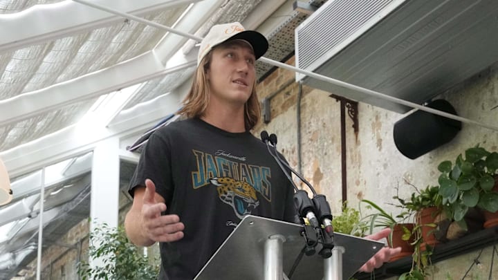 Oct 12, 2024; Watford, United Kingdom; Jacksonville Jaguars quarterback Trevor Lawrence (16) at press conference at The Grove. Mandatory Credit: Kirby Lee-Imagn Images