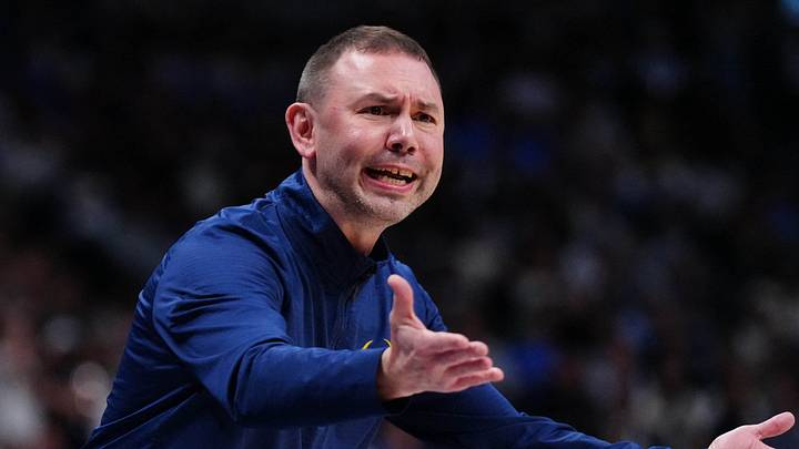 Apr 20, 2026; Denver, Colorado, USA; Denver Nuggets head coach David Adelman reacts in the second half against the Minnesota Timberwolves during game two of the first round of the 2026 NBA Playoffs at Ball Arena. Mandatory Credit: Ron Chenoy-Imagn Images