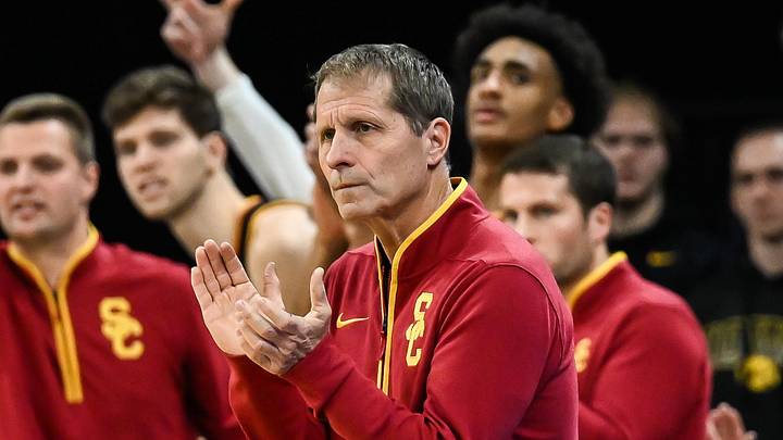 Jan 28, 2026; Iowa City, Iowa, USA; Southern California Trojans head coach Eric Musselman reacts during the first half against the Iowa Hawkeyes at Carver-Hawkeye Arena. Jan 28, 2026; Iowa City, Iowa, USA; Southern California Trojans head coach Eric Musselman reacts during the first half against the Iowa Hawkeyes at Carver-Hawkeye Arena.