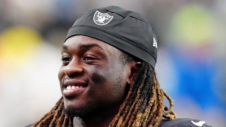 Oct 12, 2025; Paradise, Nevada, USA; Las Vegas Raiders running back Ashton Jeanty (2) reacts after the game against the Tennessee Titans at Allegiant Stadium. Mandatory Credit: Stephen R. Sylvanie-Imagn Images