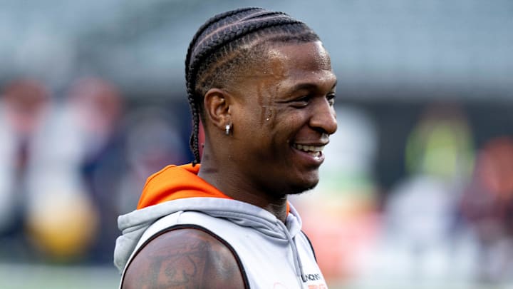 Cincinnati Bengals cornerback Mike Hilton (21) warms up before the NFL game between the Cincinnati Bengals and the Denver Broncos at Paycor Stadium in Cincinnati on Saturday, Dec. 28, 2024.