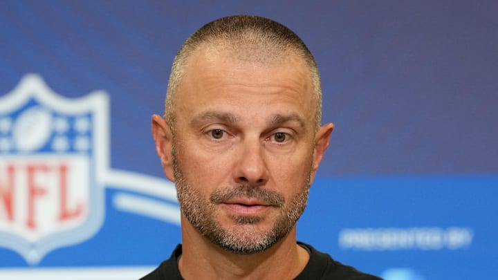 Feb 24, 2026; Indianapolis, IN, USA; Las Vegas Raiders general manager John Spytek speaks at the NFL Scouting Combine at the Indiana Convention Center. Mandatory Credit: Kirby Lee-Imagn Images Feb 24, 2026; Indianapolis, IN, USA; Las Vegas Raiders general manager John Spytek speaks at the NFL Scouting Combine at the Indiana Convention Center. Mandatory Credit: Kirby Lee-Imagn Images