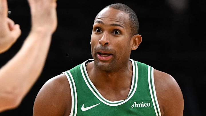 Dec 4, 2024; Boston, Massachusetts, USA; Boston Celtics center Al Horford (42) reacts after being called for a foul during the fourth quarter of a game against the Detroit Pistons at the TD Garden. Mandatory Credit: Brian Fluharty-Imagn Images