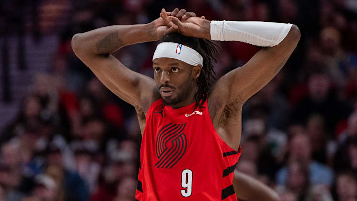 Oct 23, 2024; Portland, Oregon, USA;  Portland Trailblazers shooting forward Jerami Grant (9) reacts during the second half against the Golden State Warriors at Moda Center. Mandatory Credit: Stephen Brashear-Imagn Images