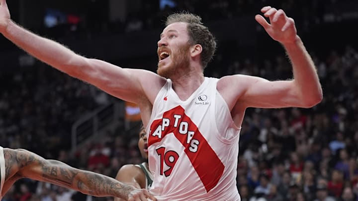 Nov 4, 2025; Toronto, Ontario, CAN; Milwaukee Bucks forward Kyle Kuzma (18) and Toronto Raptors center Jakob Poeltl (19) battle for a rebound during the second half at Scotiabank Arena. Mandatory Credit: John E. Sokolowski-Imagn Images Nov 4, 2025; Toronto, Ontario, CAN; Milwaukee Bucks forward Kyle Kuzma (18) and Toronto Raptors center Jakob Poeltl (19) battle for a rebound during the second half at Scotiabank Arena. Mandatory Credit: John E. Sokolowski-Imagn Images