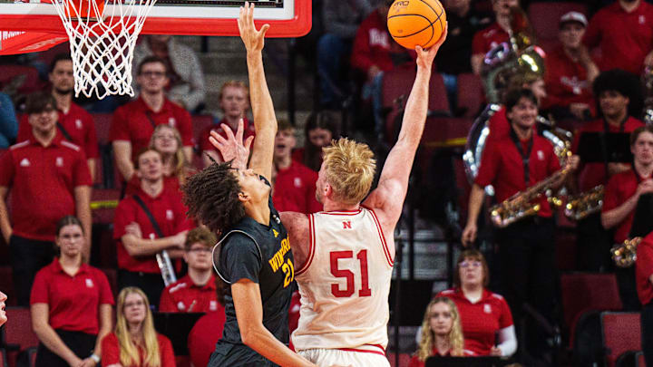 Nebraska Cornhuskers forward Rienk Mast shoots the ball against Winthrop Eagles forward Tai Hamilton during the first half at Pinnacle Bank Arena.