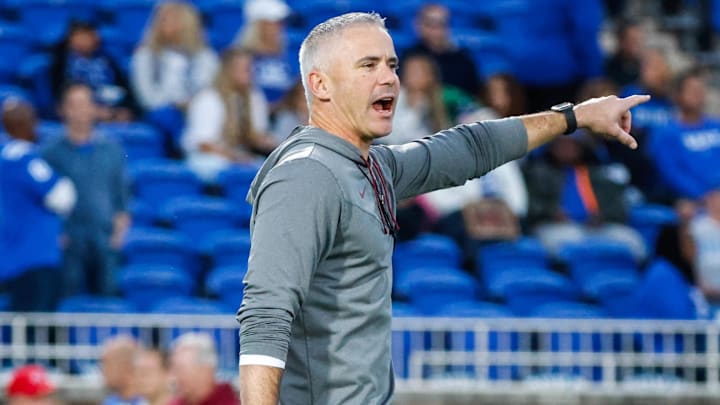 Oct 18, 2024; Durham, North Carolina, USA; Florida State Seminoles head coach Mike Norvell points prior to the first half of the game against Florida State at Wallace Wade Stadium. Mandatory Credit: Jaylynn Nash-Imagn Images
