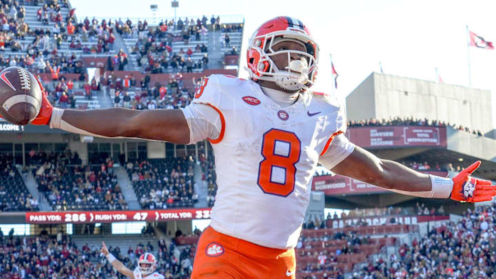 Clemson running back Adam Randall (8) scores a two-point conversion against South Carolina during the fourth quarter at Williams-Brice Stadium in Columbia, S.C. Saturday, November 29, 2025.