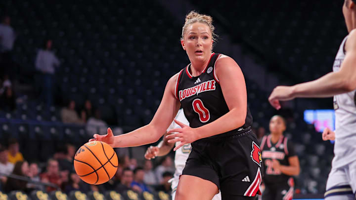 Feb 26, 2026; Atlanta, Georgia, USA; Louisville Cardinals forward Laura Ziegler (0) drives to the basket against the Georgia Tech Yellow Jackets in the first quarter at McCamish Pavilion. Mandatory Credit: Brett Davis-Imagn Images