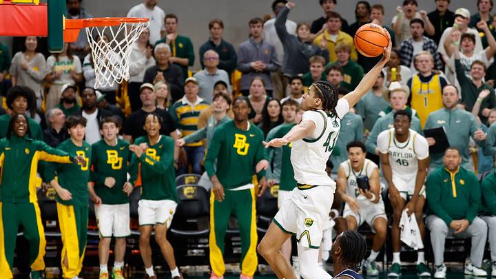 Feb 24, 2026; Waco, Texas, USA; Baylor Bears guard Cameron Carr (43) dunks the ball against the Arizona Wildcats during the second half at Paul and Alejandra Foster Pavilion. Mandatory Credit: Chris Jones-Imagn Images Feb 24, 2026; Waco, Texas, USA; Baylor Bears guard Cameron Carr (43) dunks the ball against the Arizona Wildcats during the second half at Paul and Alejandra Foster Pavilion. Mandatory Credit: Chris Jones-Imagn Images