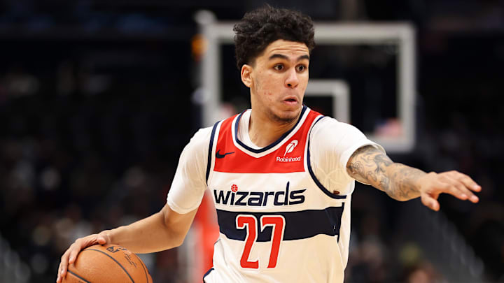 Jan 27, 2026; Washington, District of Columbia, USA; Washington Wizards guard Will Riley (27) dribbles the ball during the second half against the Portland Trail Blazers at Capital One Arena. Mandatory Credit: Daniel Kucin Jr.-Imagn Images