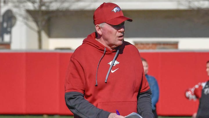 Arkansas Razorbacks offensive coordinator Bobby Petrino at spring practice on outdoor practice fields in Fayetteville, Ark.