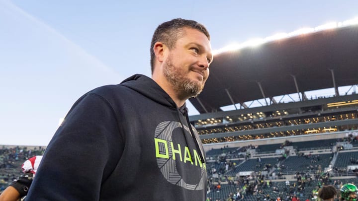 Oregon head coach Dan Lanning walks off after his win as the Oregon Ducks host the USC Trojans on Nov. 22, 2025, at Autzen Stadium in Eugene, Oregon.