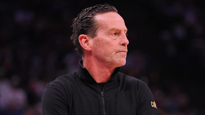 Mar 19, 2025; Sacramento, California, USA; Cleveland Cavaliers head coach Kenny Atkinson on the sideline during the second quarter Sacramento Kings at Golden 1 Center. Mandatory Credit: Kelley L Cox-Imagn Images