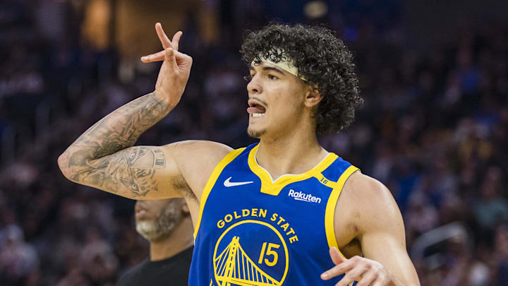 Mar 10, 2025; San Francisco, California, USA; Golden State Warriors forward Gui Santos (15) reacts after taking a three-point shot against the Portland Trail Blazers during the second quarter at Chase Center. Mandatory Credit: John Hefti-Imagn Images Mar 10, 2025; San Francisco, California, USA; Golden State Warriors forward Gui Santos (15) reacts after taking a three-point shot against the Portland Trail Blazers during the second quarter at Chase Center. Mandatory Credit: John Hefti-Imagn Images