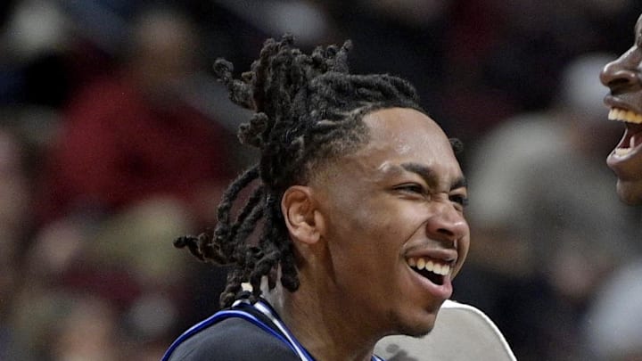 Jan 3, 2026; Tallahassee, Florida, USA; Duke Blue Devils guard Dame Sarr (7) celebrates making a three point shot with guard Isaiah Evans (3) during the second half against the Florida State Seminoles at Donald L. Tucker Center. Mandatory Credit: Melina Myers-Imagn Images