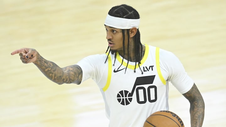 Dec 23, 2024; Cleveland, Ohio, USA; Utah Jazz guard Jordan Clarkson (00) reacts in the fourth quarter against the Cleveland Cavaliers at Rocket Mortgage FieldHouse. Mandatory Credit: David Richard-Imagn Images