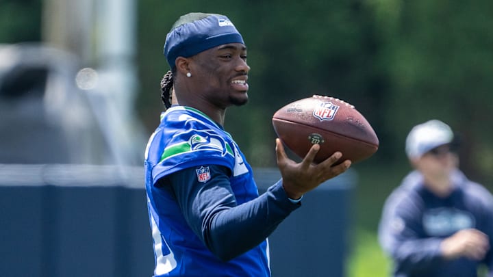 Jun 11, 2025; Renton, WA, USA; Seattle Seahawks quarterback Jalen Milroe (6) is pictured during mini-camp at Virginia Mason Athletic Center.