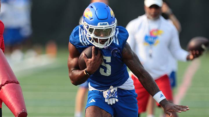 Kansas redshirt junior wide receiver Nik McMillan (5) works through drills during fall camp practice on Aug. 4, 2026. Kansas redshirt junior wide receiver Nik McMillan (5) works through drills during fall camp practice on Aug. 4, 2026.