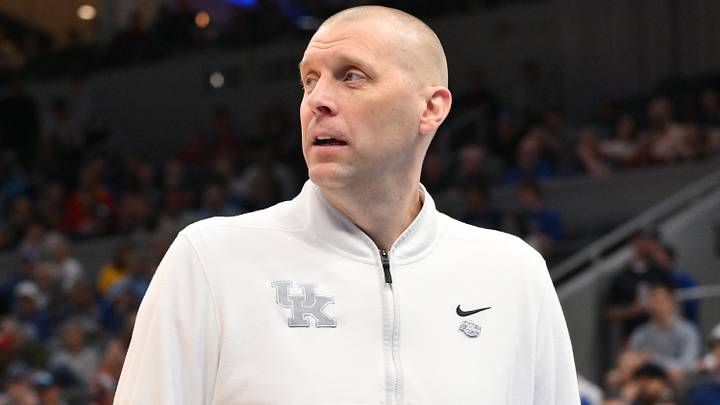 Mar 20, 2026; St. Louis, MO, USA; Kentucky Wildcats head coach Mark Pope looks on against the Santa Clara Broncos during the first half of a first round game of the men's 2026 NCAA Tournament at Enterprise Center. Mandatory Credit: Jeff Curry-Imagn Images Mar 20, 2026; St. Louis, MO, USA; Kentucky Wildcats head coach Mark Pope looks on against the Santa Clara Broncos during the first half of a first round game of the men's 2026 NCAA Tournament at Enterprise Center. Mandatory Credit: Jeff Curry-Imagn Images