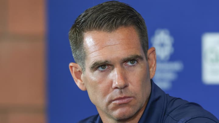 Jul 23, 2025; East Rutherford, NJ, USA; New York Giants general manager Joe Schoen talks with media during training camp at Quest Diagnostics Training Center. Mandatory Credit: Vincent Carchietta-Imagn Images Jul 23, 2025; East Rutherford, NJ, USA; New York Giants general manager Joe Schoen talks with media during training camp at Quest Diagnostics Training Center. Mandatory Credit: Vincent Carchietta-Imagn Images