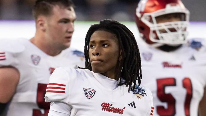 Dec 28, 2024; Tucson, AZ, USA; Miami (OH) RedHawks wide receiver Kam Perry (10) against the Colorado State Rams during the Snoop Dogg Arizona Bowl at Arizona Stadium. Mandatory Credit: Mark J. Rebilas-Imagn Images Dec 28, 2024; Tucson, AZ, USA; Miami (OH) RedHawks wide receiver Kam Perry (10) against the Colorado State Rams during the Snoop Dogg Arizona Bowl at Arizona Stadium. Mandatory Credit: Mark J. Rebilas-Imagn Images