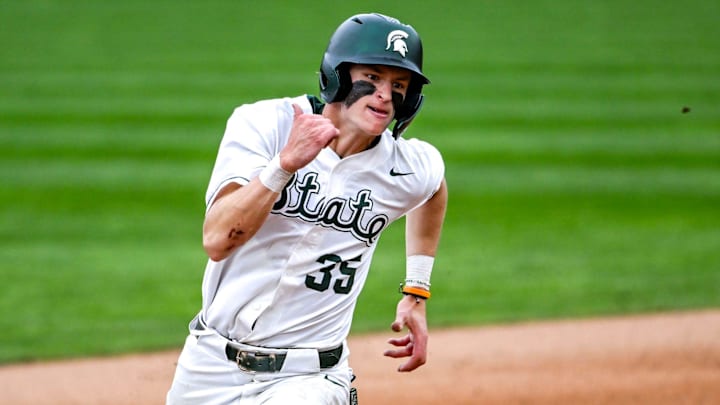 Michigan State's Randy Seymour rounds third base on his way to a score against Ohio State during the fourth inning on Friday, April 18, 2025, at McLane Stadium in East Lansing.