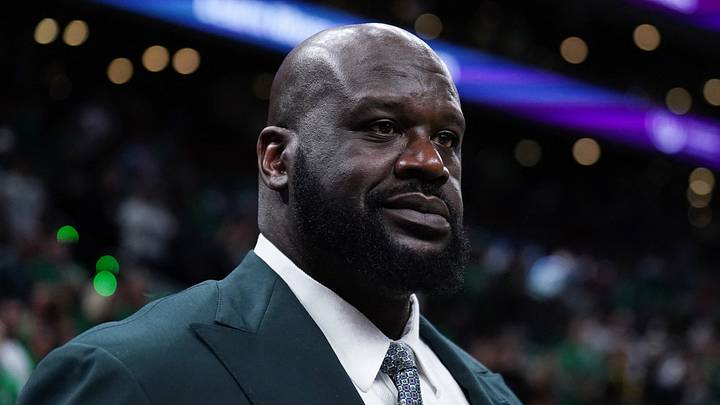 Jun 6, 2024; Boston, Massachusetts, USA; Shaquille O'Neal looks on before the game between the Boston Celtics and the Dallas Mavericks in game one of the 2024 NBA Finals at TD Garden. Mandatory Credit: David Butler II-USA TODAY Sports Jun 6, 2024; Boston, Massachusetts, USA; Shaquille O'Neal looks on before the game between the Boston Celtics and the Dallas Mavericks in game one of the 2024 NBA Finals at TD Garden. Mandatory Credit: David Butler II-USA TODAY Sports