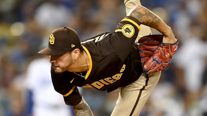 San Diego Padres starting pitcher Vince Velasquez (38) throws in the first inning of the game against the Los Angeles Dodgers at Dodger Stadium on Sept. 30, 2021.
