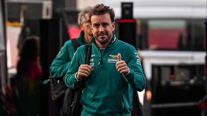 Aston Martin driver Fernando Alonso arrives in the paddock at the Formula 1 Pirelli United States Grand Prix at Circuit of the Americas on Friday, Oct. 18, 2024.