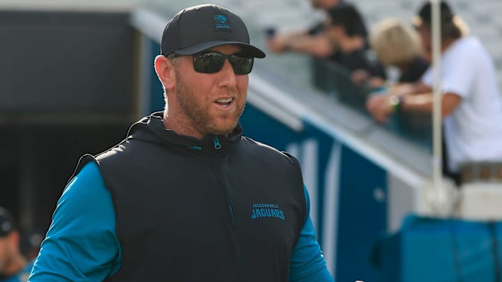 Jacksonville Jaguars head coach Liam Coen runs on the field during an NFL scrimmage event at EverBank Stadium, Friday, Aug. 1, 2025, in Jacksonville, Fla. [Corey Perrine/Florida Times-Union]