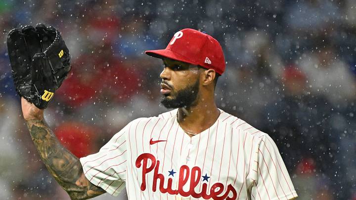 Aug 17, 2026; Philadelphia, Pennsylvania, USA; Philadelphia Phillies pitcher Cristopher Sánchez (61) gets a new baseball after allowing a urn during the sixth inning against the Miami Marlins at Citizens Bank Park. Mandatory Credit: Eric Hartline-Imagn Images