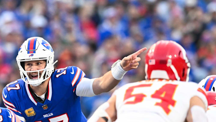 Nov 2, 2025; Orchard Park, New York, USA; Buffalo Bills quarterback Josh Allen (17) calls a play in the first quarter against the Kansas City Chiefs at Highmark Stadium. Mandatory Credit: Mark Konezny-Imagn Images