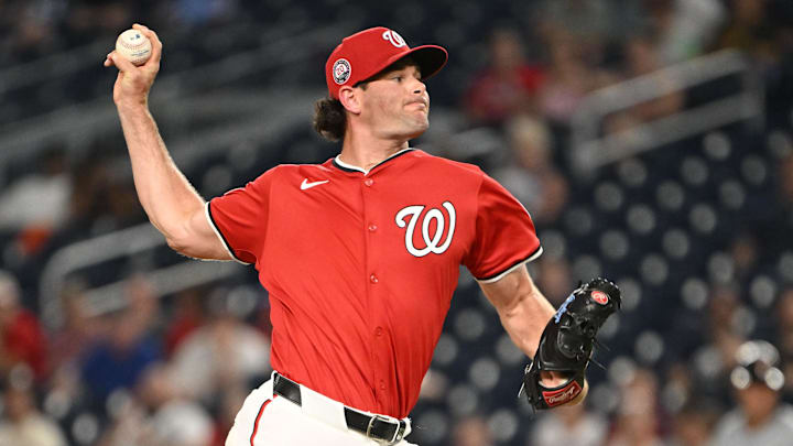 Jul 2, 2025; Washington, District of Columbia, USA; Washington Nationals relief pitcher Kyle Finnegan (67) throws a pitch against the Detroit Tigers during the ninth inning at Nationals Park.