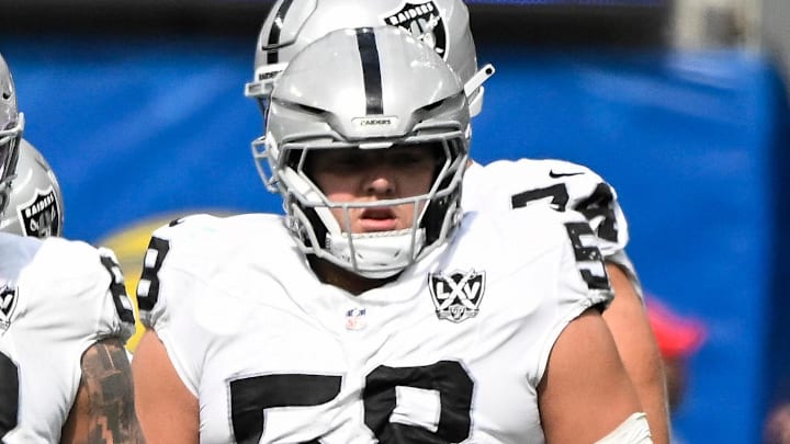 Oct 20, 2024; Inglewood, California, USA; Las Vegas Raiders linemen Jordan Meredith (61), Andre James (68) and Jackson Powers-Johnson (58) during an NFL game against the Los Angeles Rams at SoFi Stadium. Mandatory Credit: Robert Hanashiro-Imagn Images