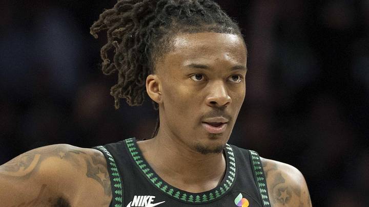 Apr 30, 2026; Minneapolis, Minnesota, USA; Minnesota Timberwolves guard Bones Hyland (8) celebrates making a shot against the Denver Nuggets in the first half during game six of the first round of the 2026 NBA Playoffs at Target Center. Mandatory Credit: Jesse Johnson-Imagn Images