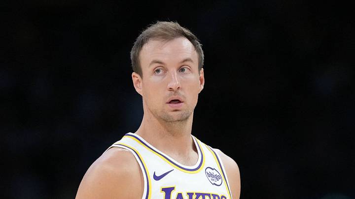 Los Angeles Lakers guard Luke Kennard (10) reacts against the New York Knicks in the second half at Crypto.com Arena on March 8, 2026.