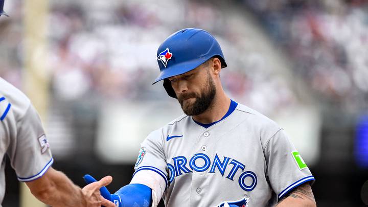 Aug 22, 2026; Bronx, New York, USA;  Toronto Blue Jays right fielder Nathan Lukes (38) reacts after hitting a RBI single against the New York Yankees during the fifth inning at Yankee Stadium.  Mandatory Credit: John Jones-Imagn Images