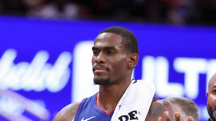 Oct 24, 2025; Houston, Texas, USA; Detroit Pistons center Jalen Duren (0) reacts after a play during the second quarter against the Houston Rockets at Toyota Center. Mandatory Credit: Troy Taormina-Imagn Images