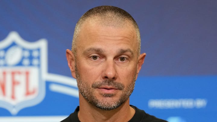 Las Vegas Raiders general manager John Spytek speaks at the NFL Scouting Combine.