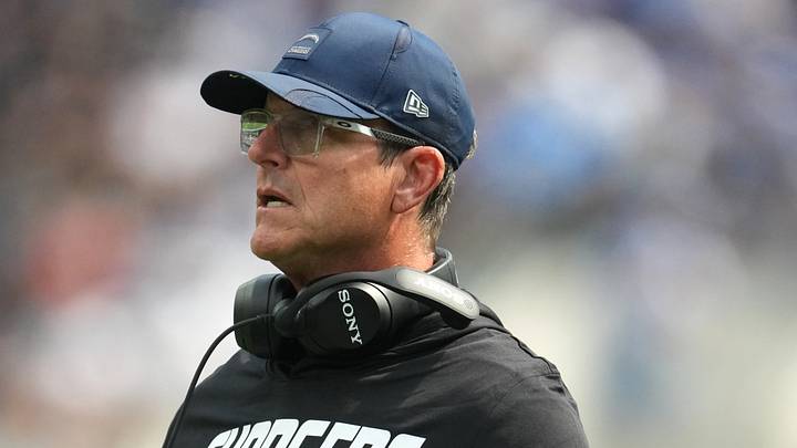 Los Angeles Chargers head coach Jim Harbaugh looks on against the Las Vegas Raiders; Kirby Lee