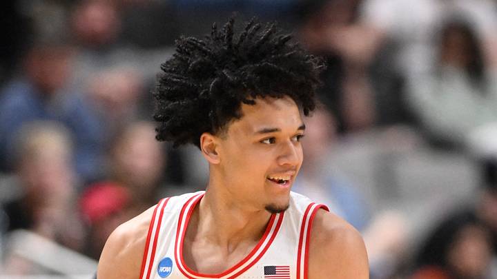 Arizona Wildcats guard Brayden Burries (5) celebrates after a play against the Arkansas Razorbacks in the second half during a Sweet Sixteen game of the West Regional of the men's 2026 NCAA Tournament at SAP Center on March 26, 2026.