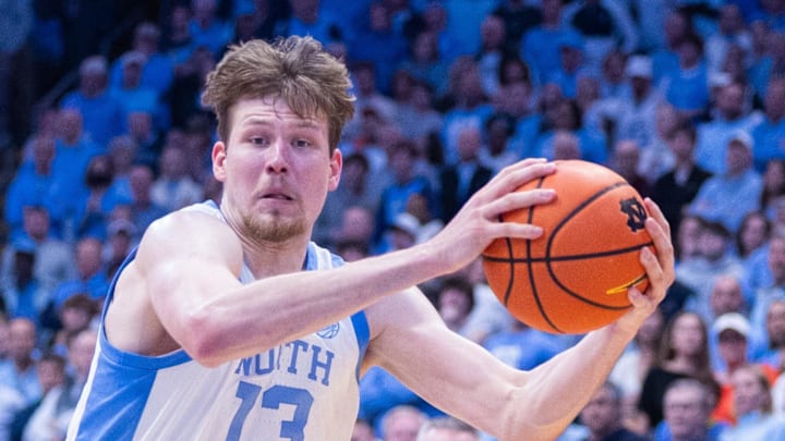 Mar 3, 2026; Chapel Hill, North Carolina, USA; North Carolina Tar Heels center Henri Veesaar (13) drives to the basket during the second half against the Clemson Tigers at Dean E. Smith Center. Mandatory Credit: Scott Kinser-Imagn Images