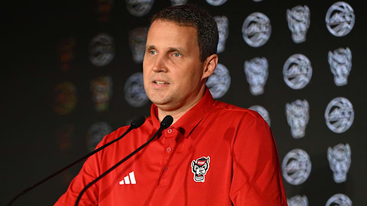 Oct 8, 2025; Charlotte, NC, USA; NC State head coach Will Wade answers questions from the media at The Hilton Charlotte Uptown. Mandatory Credit: William Howard-Imagn Images
